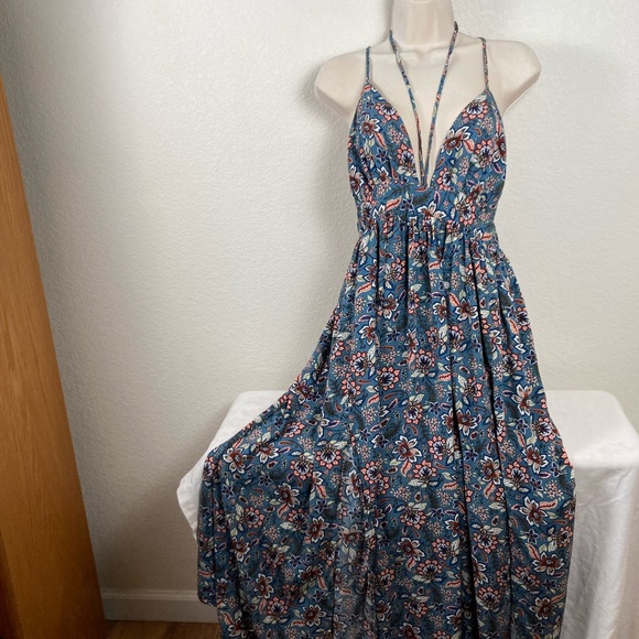 Blush BJ floral midi dress 1XL gathered with elastic back, plunging front w/ tie - Picture 2 of 8